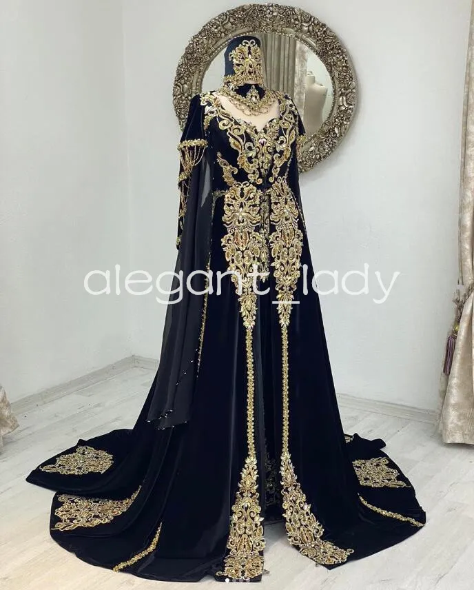 Black Velvet Caftan Mariage Evening Formal Dresses With Cape Two Pieces Lace Applique Henna Marockan Prom Clown Outfit