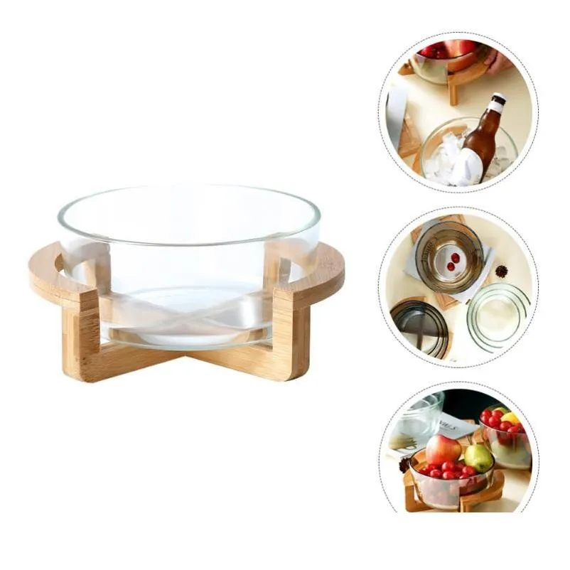 Bowls 1 Set Glass Salad Bowl Heat Resistant With Wooden Base Serving Drop Delivery Home Garden Kitchen Dining Bar Dinnerware Dhhdm