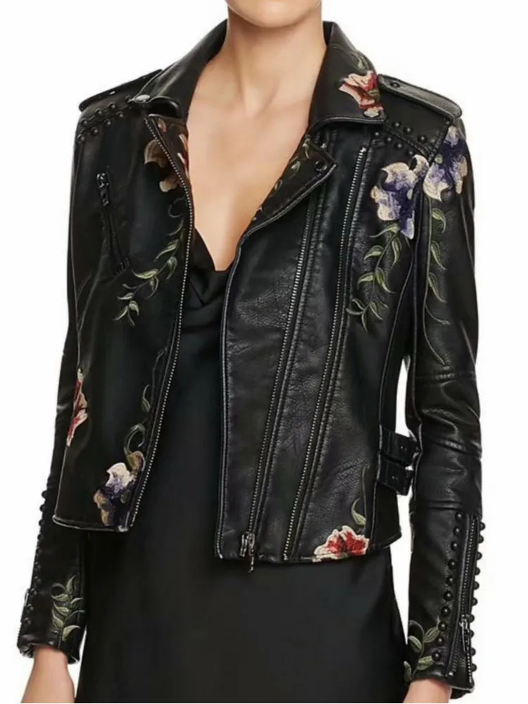 Women's Jackets Spring Autumn Floral Print Embroidery Faux Leather Jackets Women High Street Moto Rivet Black Punk Outerwear Biker Coats 230919