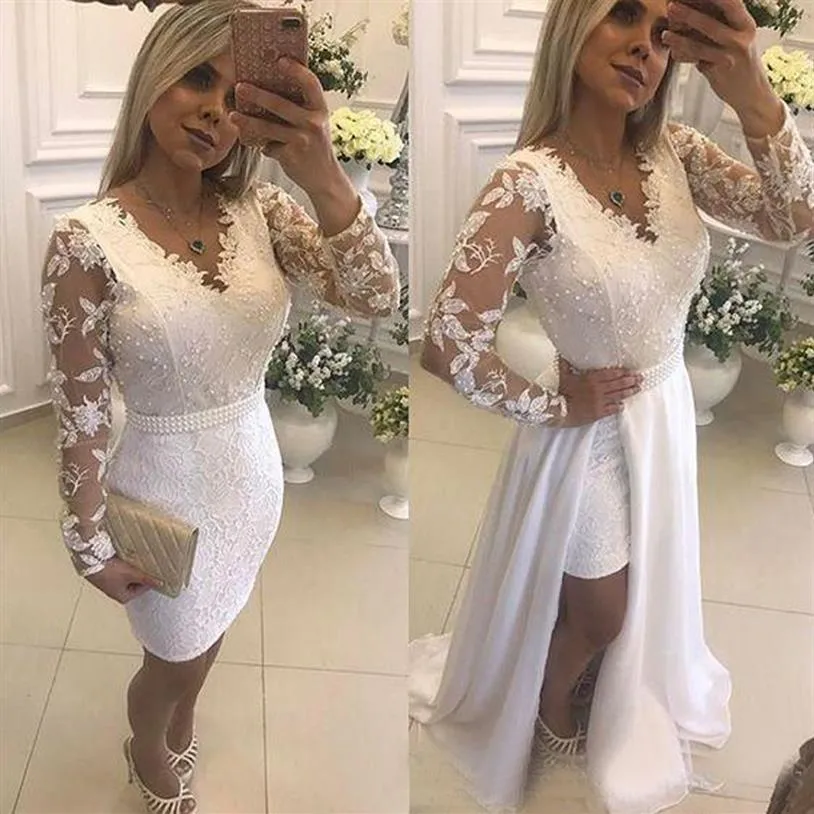 Vestidos de noite de renda branca com trem destacável apliques pérolas ilusão mangas compridas festa formal vestidos de baile na altura do joelho curto 299p