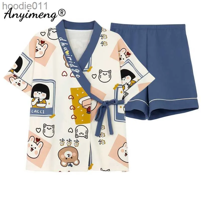 Damen-Nachtwäsche, neue Sommermode, weiche Baumwolle, Damen-Pyjama, Kawaii-Tierdruck, Nachtwäsche, Shorts, Kimono, lose Nachtwäsche für junge Mädchen, L230919