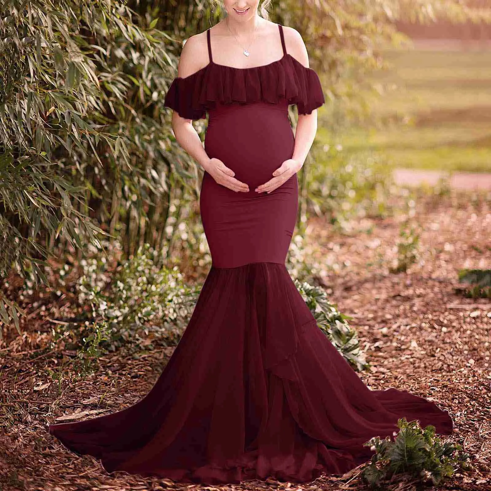 マタニティドレスマタニティテールロングドレス女性妊娠写真の小道