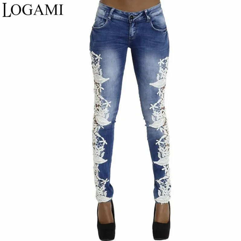 Jeans pour femmes Logami dentelle patchwork maigre femme sexy été automne dames jean pantalon 230918