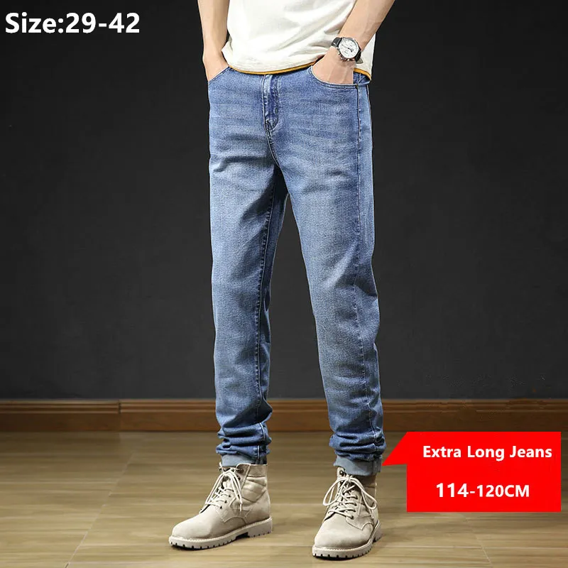 Mens Jeans Tall Men 114 cm 120 cm Lång blå denim Sträckt plus storlek 42 40 Slim Fit Elastic Large Male Byxor raka byxor 230915