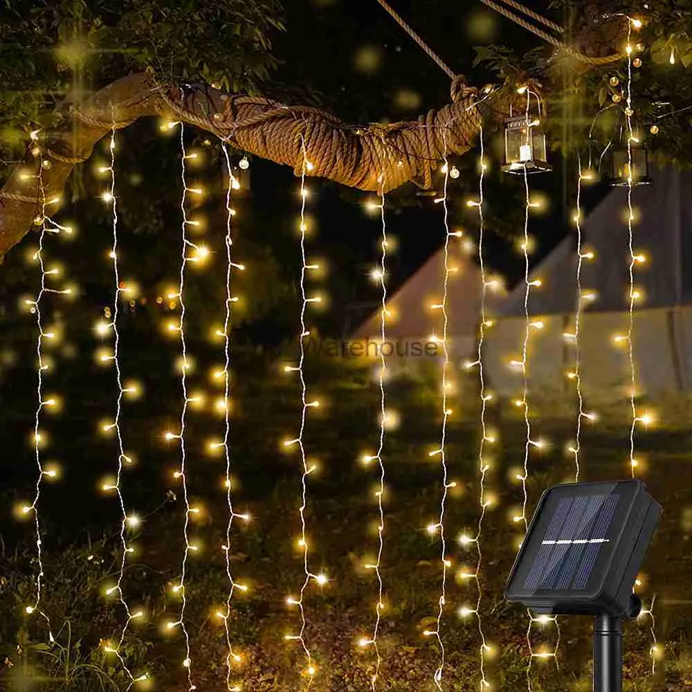 LED-snaren Party Solar Led Outdoor Gordijn Lights String Waterdicht Fairy Garden Light Window Festoen Garland Light Party Home Wedding Decor HKD230919