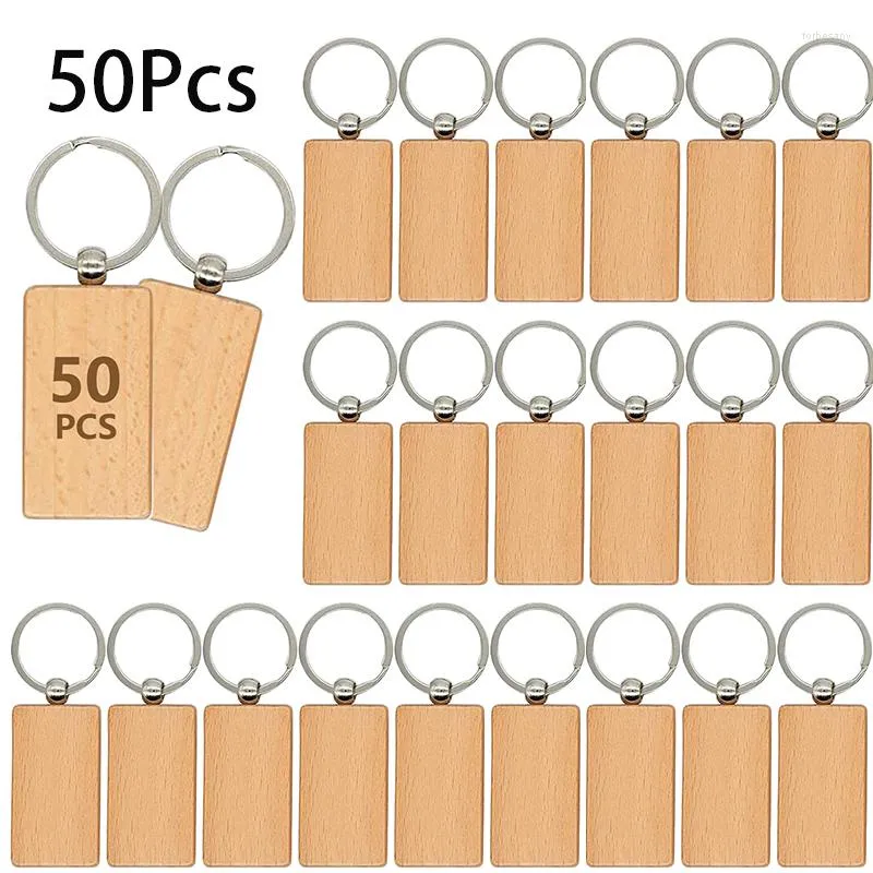 Sleutelhangers 50 stuks houten sleutelhanger blanks onvoltooide rechthoek houten sleutelhanger ring voor doe-het-zelf cadeau ambachten