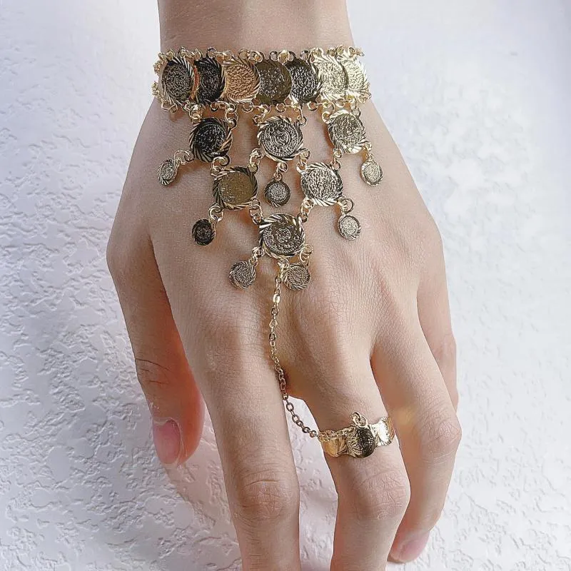 Link Bracelets Moon Jewelry Arab Middle East Africa Dubai Gold Color Copper Coin Bracelet Connected To Ring Adjustable For Elegant