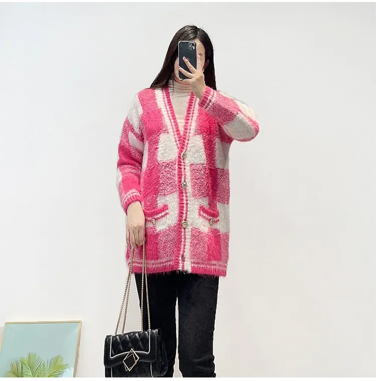 Womens Maje Soft and Sweet Pink Plaid Mohair V-neck Knitted Coat