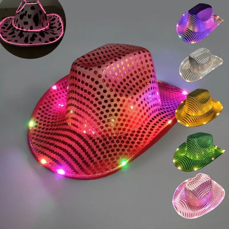 Wholesale Cowgirl LED Hat Flashing Light Up Sequin Cowboy Hats Luminous Caps Halloween Costume 919