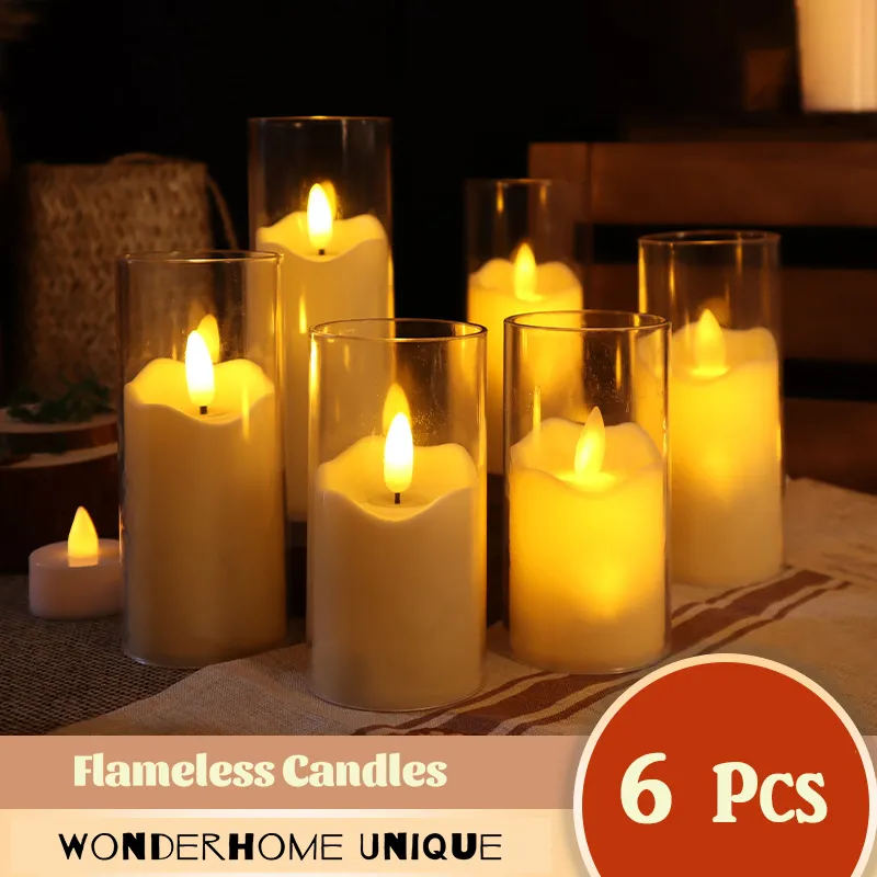 Ljus 6st LED Flameless Electric Lamp Acrylic Glass Battery Flimrande Fake Tealight Candle Bulk för Wedding Christmas 230919