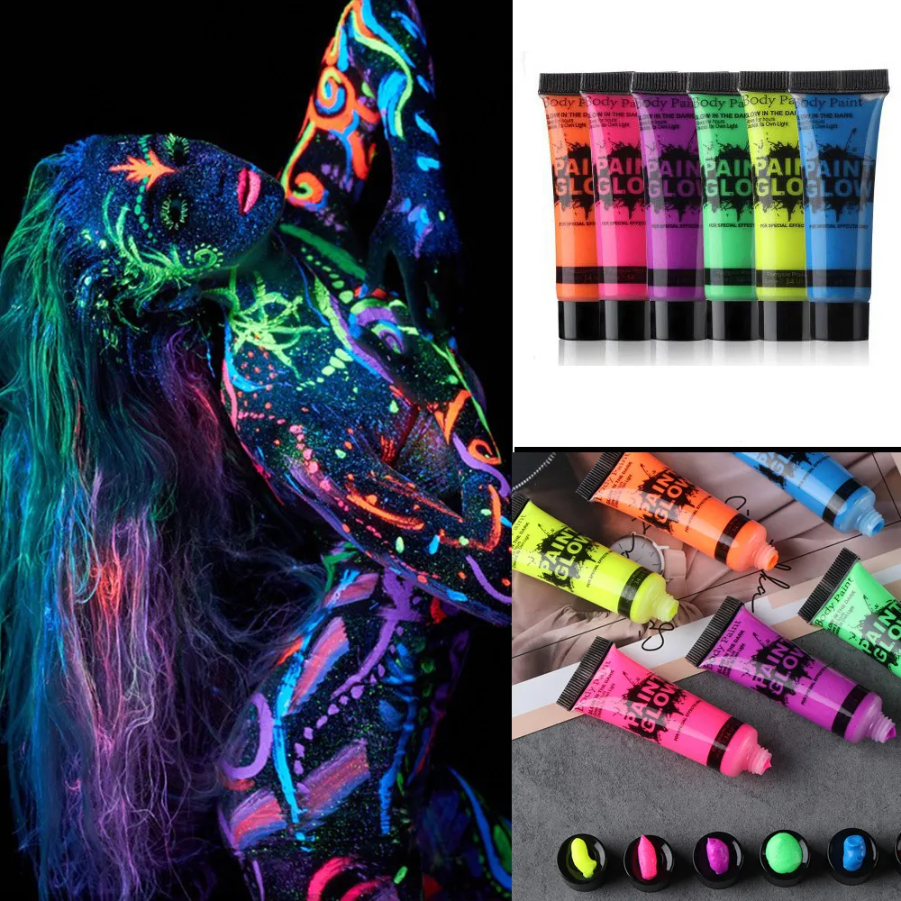 Body Paint 6 Färger Kroppskonstfärg Neon Fluorescerande fest Festival Halloween Cosplay Makeup Kids Face Paint UV Glow Målningsverktyg 230919