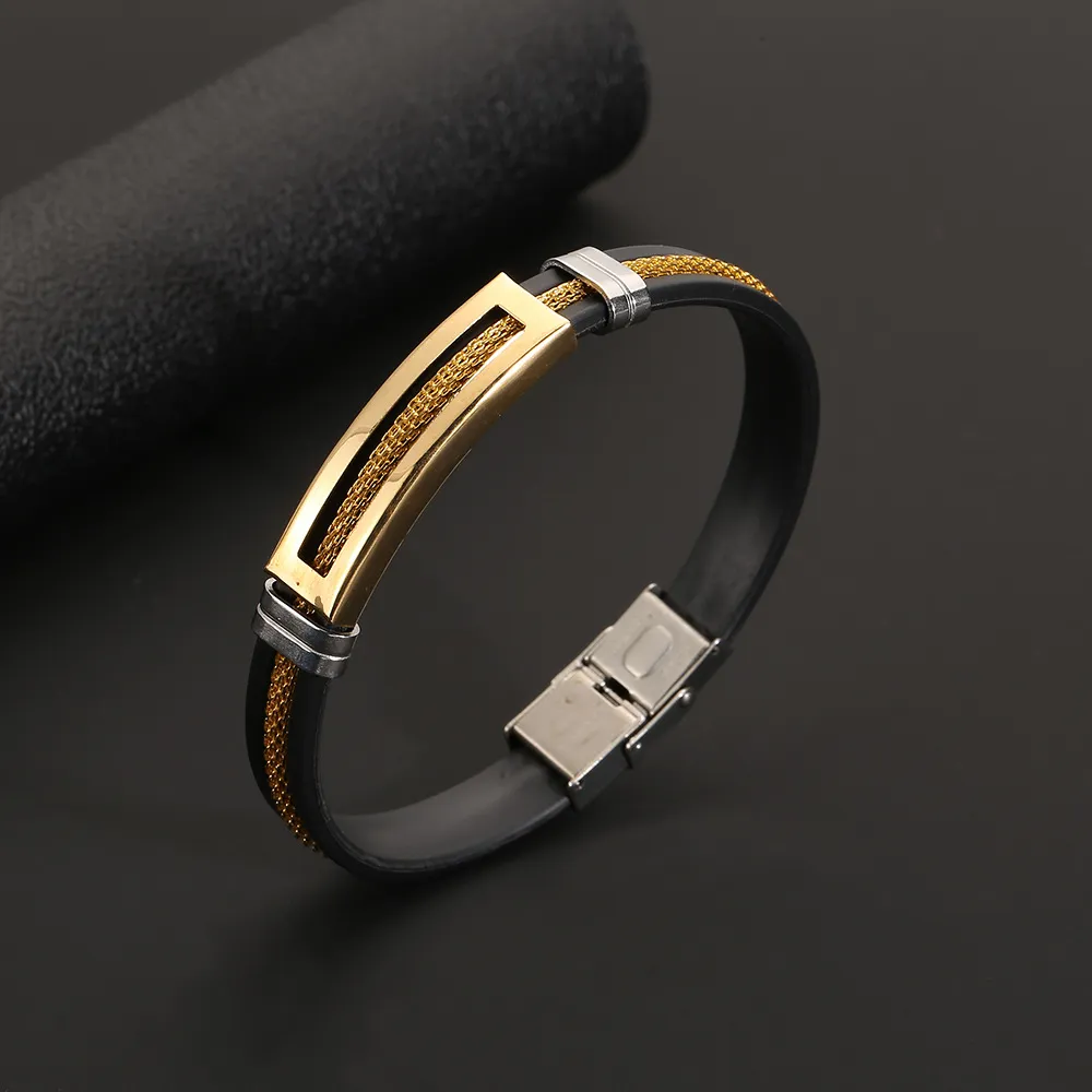 Heren roestvrijstalen armbanden Zwart siliconen polsbandje Riem met gouden ketting Cool Wrap Manchet Bangle Mode-sieraden Accessoires