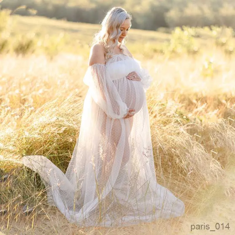 Платья для беременных Белый Тюль Реквизит для фотосессии для беременных Платье Прозрачное платье для фотосессии из тюля Длинное платье с рукавами-фонариками
