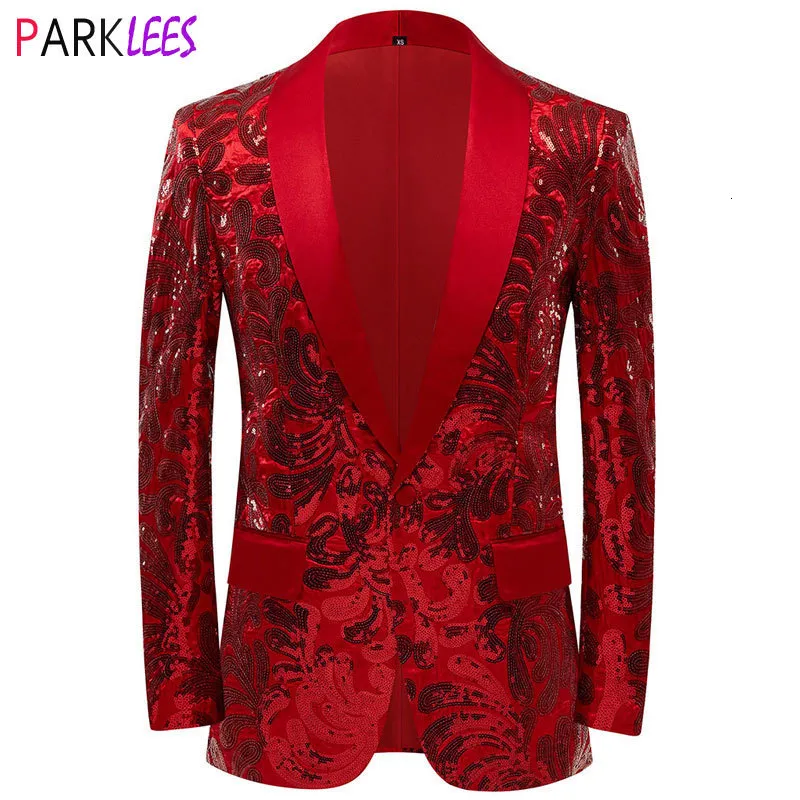 Abiti da uomo Blazer da uomo Blazer rosso lucido con paillettes Giacca da abito floreale Scialle con un bottone Bavero Blazer da smoking Festa Banchetto di nozze Costume Homme 230919