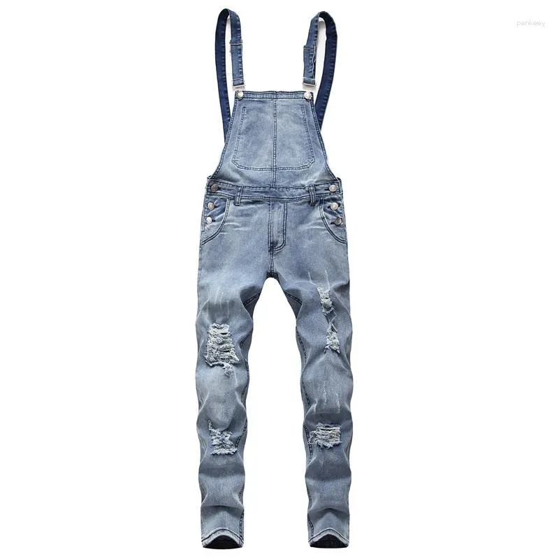 Men's Jeans Foreign Trade Slim Fit Broken Holes Hanging Strap Pants Large Size Fashion Jumpsuit Tear Down Work