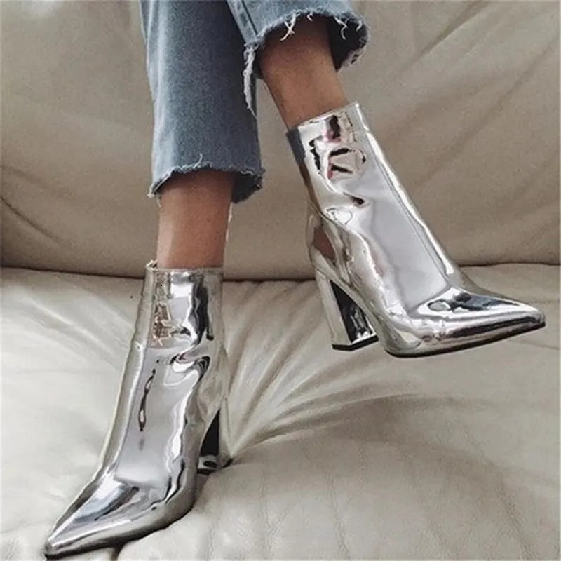 Bottes Mode Or Argent Cuir Verni Femmes Cheville Bout Pointu Talon Haut Sexy Stiletto Pompes Chelsea 230919