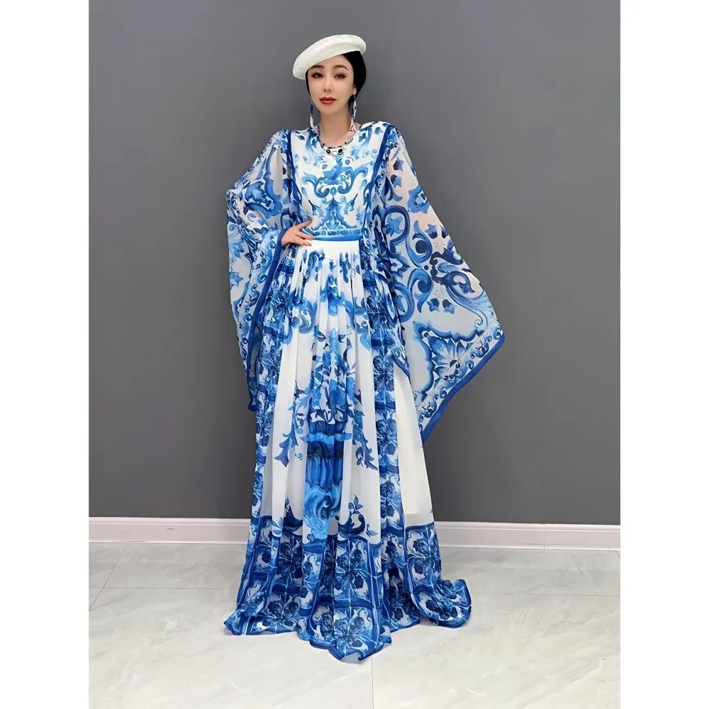 Klänning Holiday Swing Dress 2023 Autumn New Long Sleeve Dress Printed Chiffon Chinese Style Blue and White Porslin Floor Mop Dress Bekväm för kvinnor