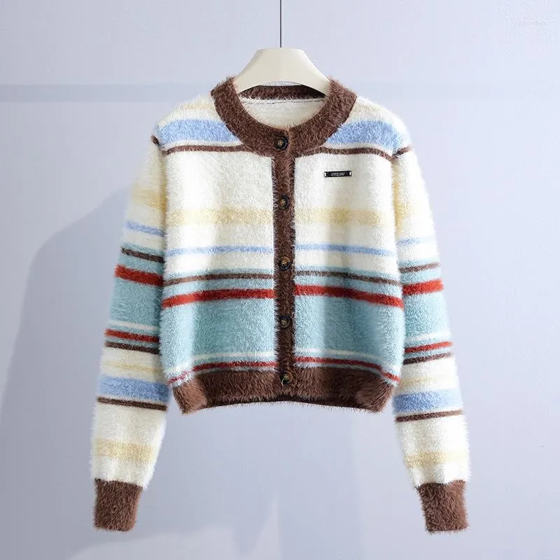 Kvinnors stickor Imitation Mink Velvet Sweater Coat 2023 Autumn Winter Fashion Stripe Stripe Cardigan Female Knitwear Tops