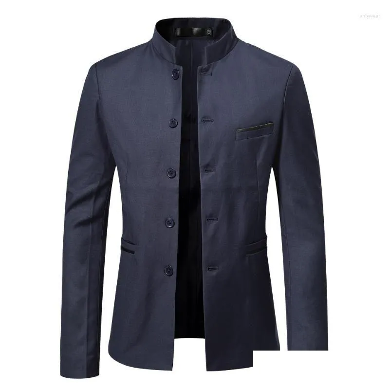 Costumes pour hommes Blazers Hommes Printemps Automne Manteau Couleur Unie Cardigan Col Montant À Manches Longues Slim Veste À Boutonnage Simple Drop Deliver Dhrah