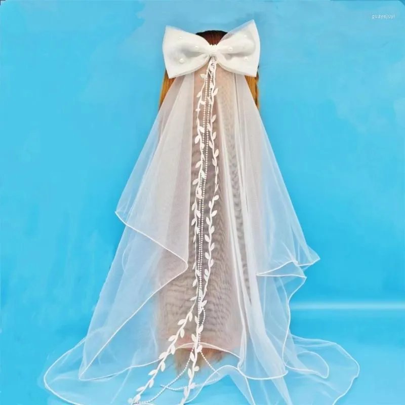 Véus nupciais em camadas véu headpieces com pérola bowknot decoração casamento longo tule elegância festa de noiva