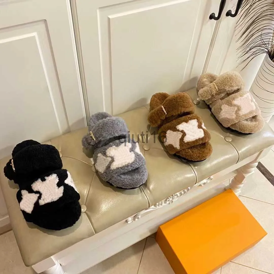 Pantoufles Pantoufles Pantoufles Designer Femmes Pantoufles Dames Laine Diapositives Fourrure d'hiver Fluffy Furry Lettres chaudes Sandales Confortable Feuille floue Fille Flip Flop avec boîte x0919