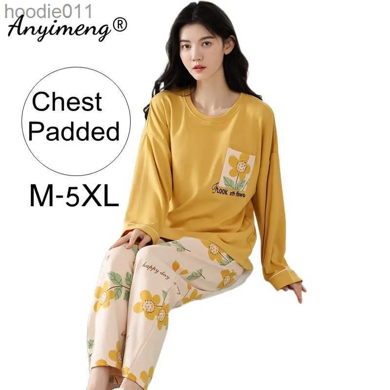 Kadın pijama kadın pijamaları m-5xl bahar sonbahar uzun kollu pamuklu göğüs yastıklı plapwear artı beden gece kıyısı Kore Pijamas kızlar ev kıyafeti l230919