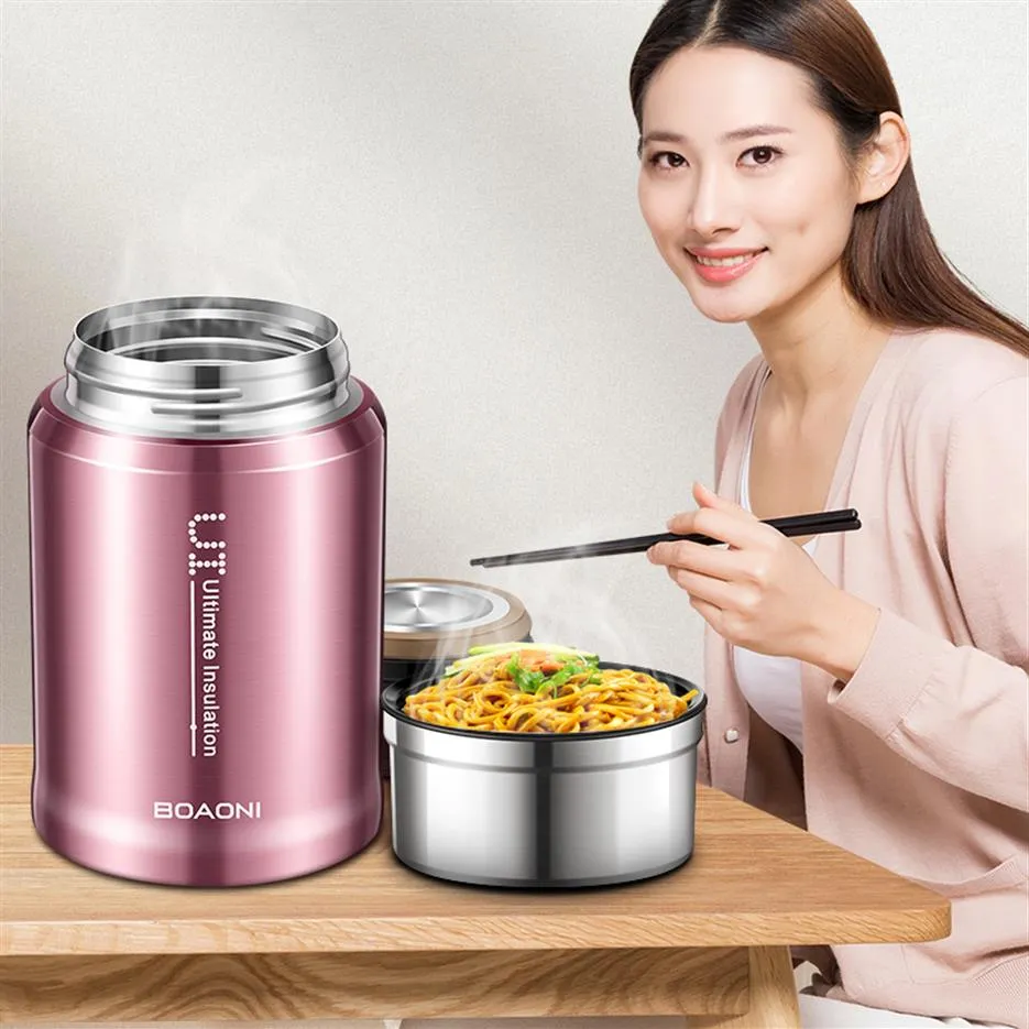 BOAONI 750ml Thermos Voedselpot Vacuüm Geïsoleerd Roestvrij Staal Thermische Keuken Lunchbox Houd Warmte Containers Met Opvouwbare Lepel T174t