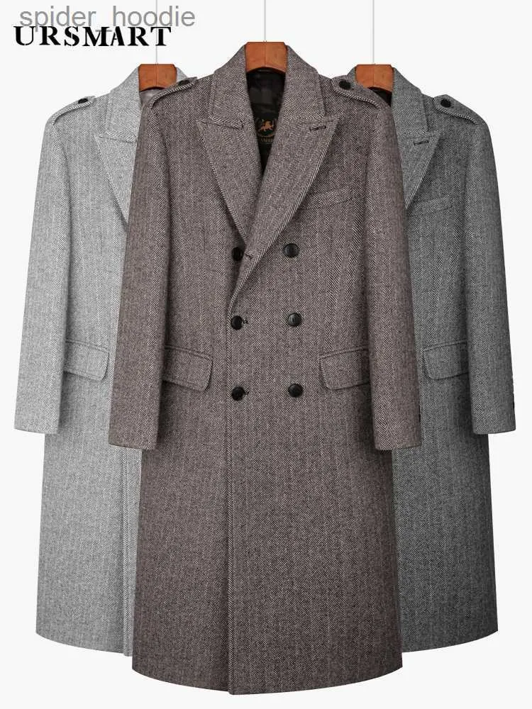 Mélanges de laine pour hommes Manteau en laine ultra long à motif à chevrons classique pour hommes avec doudoune épaissie à double boutonnage de la mode britannique pour hommes L230919