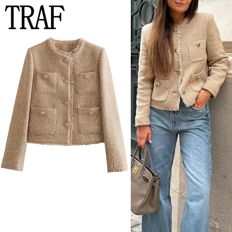 Kurtki damskie Traf Camel Tweed Kurtka Kobiet postrzępiona jesienna kurtka ucięta Kobieta moda Modna długie rękaw Eleganckie damskie kurtki Button Krótkie płaszcze 230919