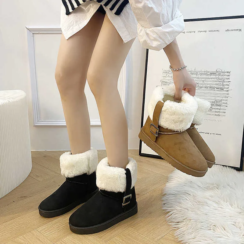 Mulheres botas de neve plana inverno novo acolchoado quente cabeça redonda cinto fivela pé curto camurça botas de algodão 092223