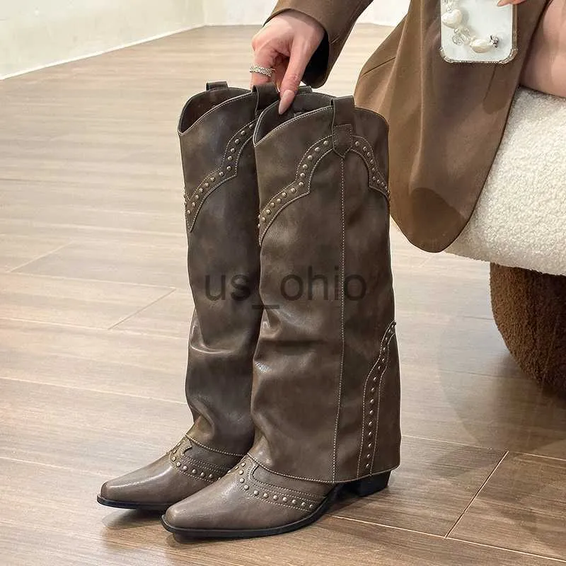 Boots Woman Cowgirl Boots Fashion Slip On Ladies Elegant Square Heel Long Pipe Boots Shoes Retro Women's Winter Footwear J230919