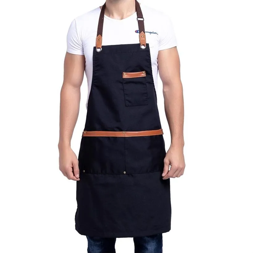 2020 Ny Canvas Cotton Cooking Unisex Kitchen Förkläde för kvinnliga män Chef Leather Waiter Cafe Shop BBQ Frisör Uniform Bib F1214179G