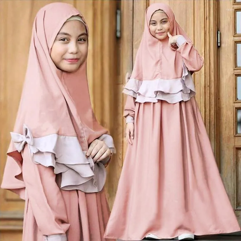 Ethnic Clothing Muslim Children Girls 2 Pieces Prayer Dress Hijab Abaya Ramadan Sets Arab Kids Jilbab Headscarf Long Robe Islamic Chador