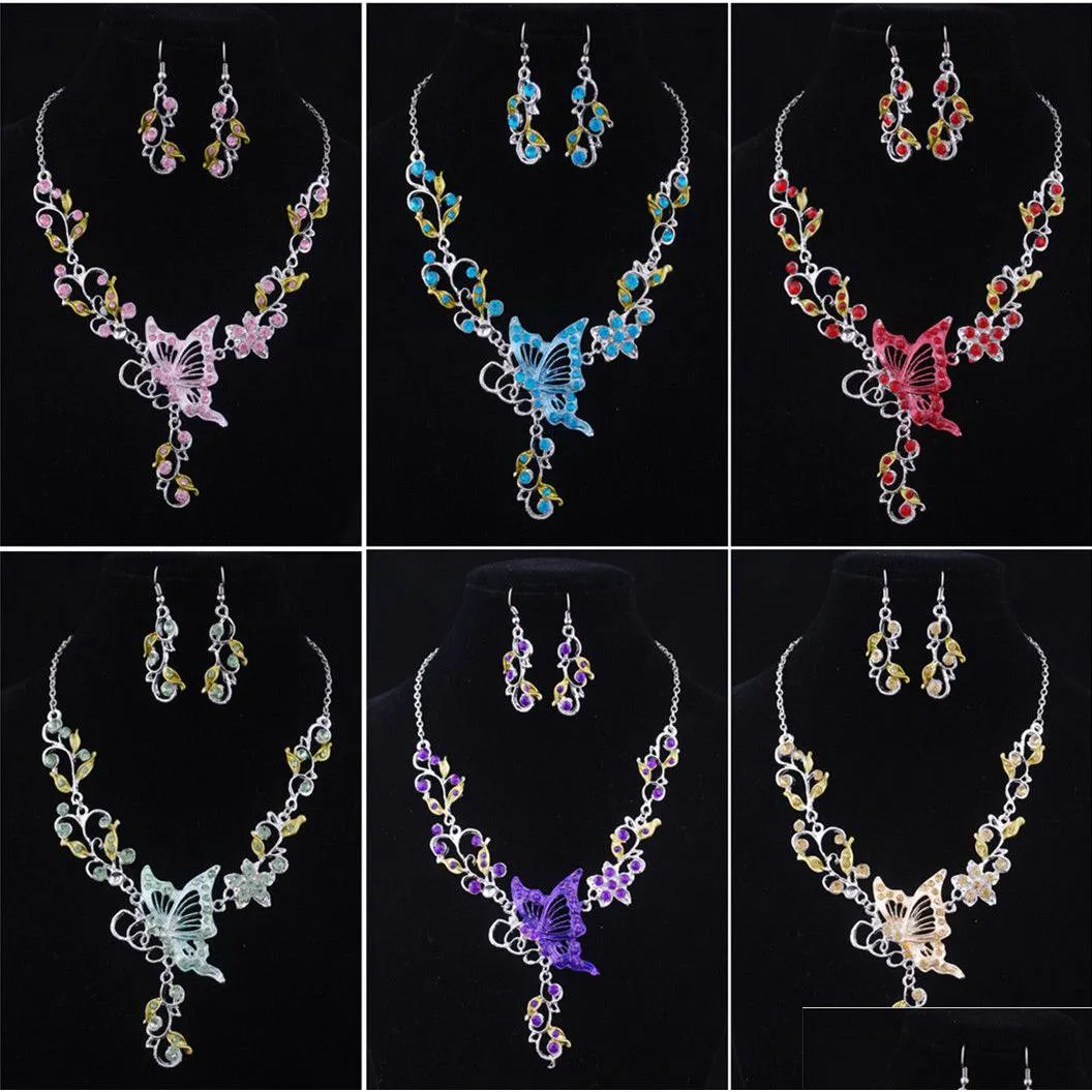 Pendientes Collar Collares Llamativos De Mariposa Europea Y Americana Conjunto De Gotas Para Mujer Flor De Diamantes De Imitación De Cristal Compromiso De Novia Del Dh386