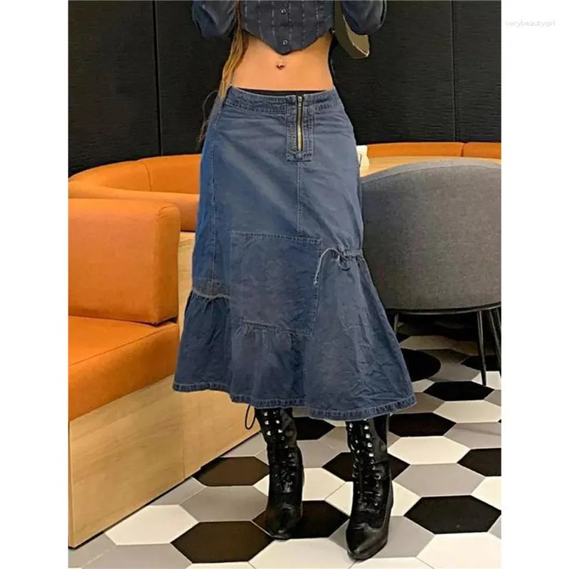 Saias xingqing y2k denim saia 2000s estética fada grunge mulheres cintura baixa zíper uma linha moda coreana jeans streetwear
