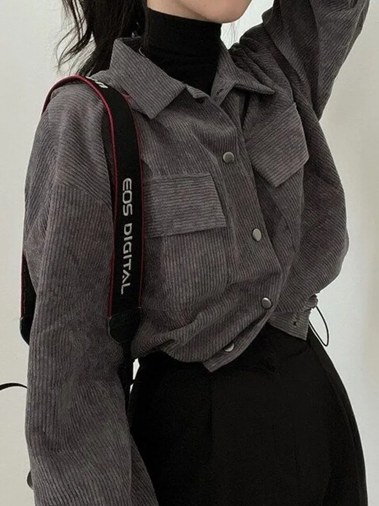 Damenjacke Vintage Cord abgeschnitten koreanische Mode Langarm Kordelzug Blusen weiblich lose einreihige Mäntel Strickjacke 230919