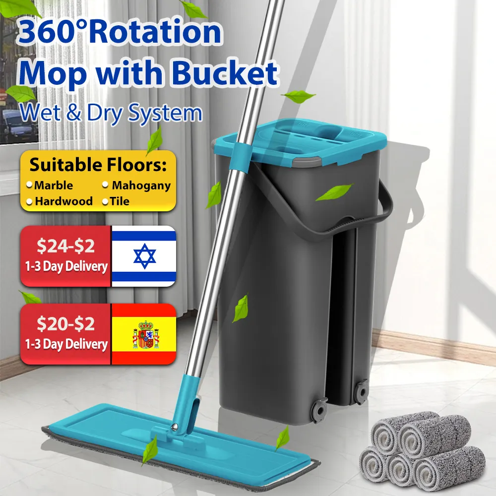 Hand Push Sweepers Flat Squeeze Mop with Spin Bucket Free Wringing Floor Cleaning Microfiber Pads Wet or Dry Usage on Hardwood Laminate 230919