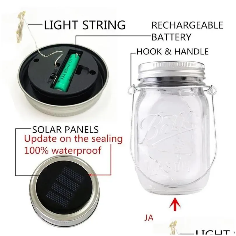 solar led mason jar lights up lid 2m 20 led string fairy star lights with handles for regular mouth jars garden decor