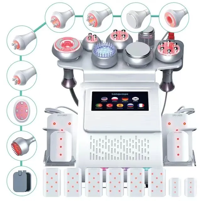 Neueste 9 in 1 Kavitationsschlankheitsmaschine 80K Laser RF Fett Lipo Kavitation schlankes Gerät Ems Pads Lipokavitation 80K Körperformung