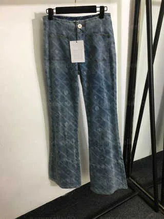 Designer jeans kvinnor mode randig logotyp fickdekoration kamellia pläd tryck hög midja