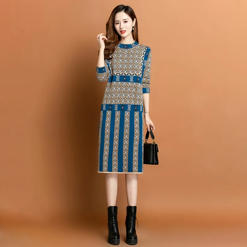 Vintage Elegant Graphic Jacquard Knitted Dresses Autumn Winter Going Out O-Neck Warm Travel Midi Frocks 2023 Women Designer Long Sleeve Slim Vacation Sweaters Dress