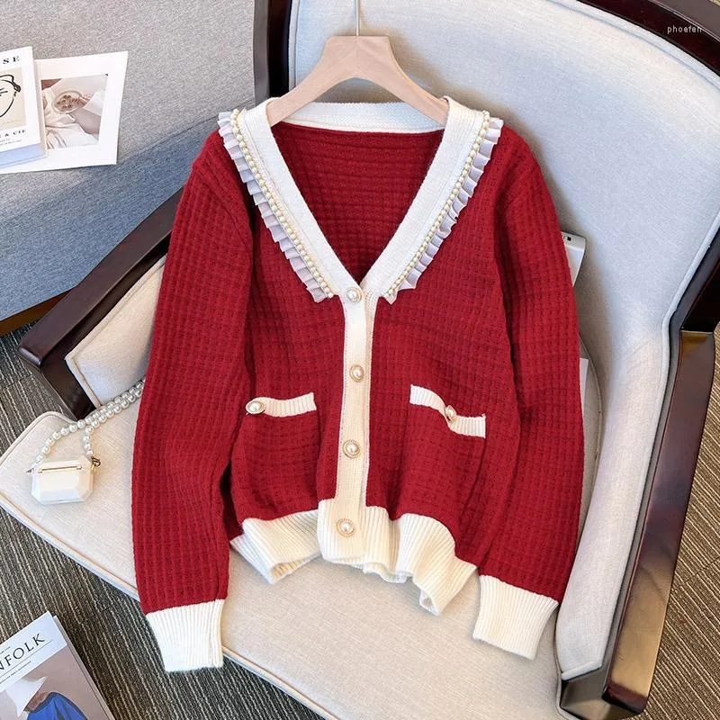 Tejidos para mujer 2023 Otoño Invierno estilo coreano cuello en V Patchwork con volantes perla un solo pecho cárdigan de punto para mujer elegante Top