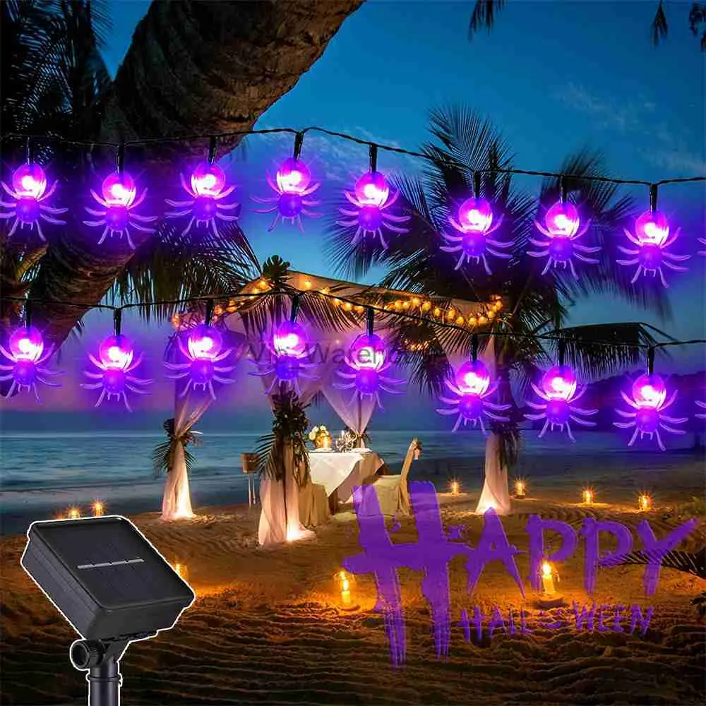 LED-snaren Party 20leds 30leds 50leds Solar Spider Lights String Halloween 3D Paarse Spider Lights voor Nieuwjaar Kerstmis Feesthuis Binnenplaats Decor HKD230919