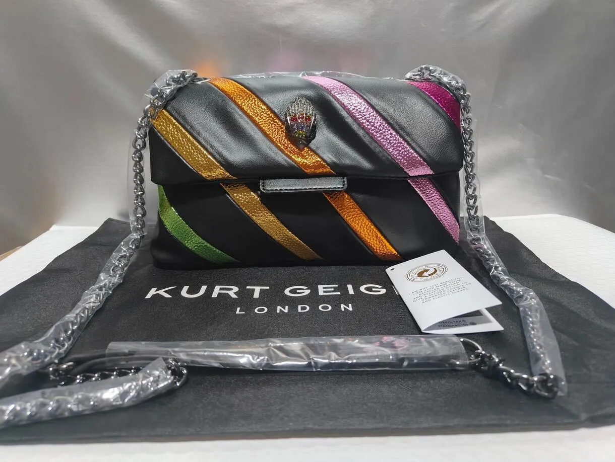 Bolsas de desenhista Kurt Geiger Londres Arco-íris Mulheres Bolsa Águia Metal Articulação Colorida Cross Body Bag Patchwork Ombro Bolsa Metálica Cadeia Cinturão Noite Bolsas Carteira