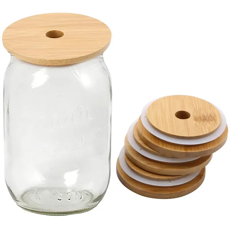 High-end Mason Lids Reusable Bamboo Caps Lids with Straw Hole and Silicone Seal for Mason Jars Canning Drinking Jars Lid