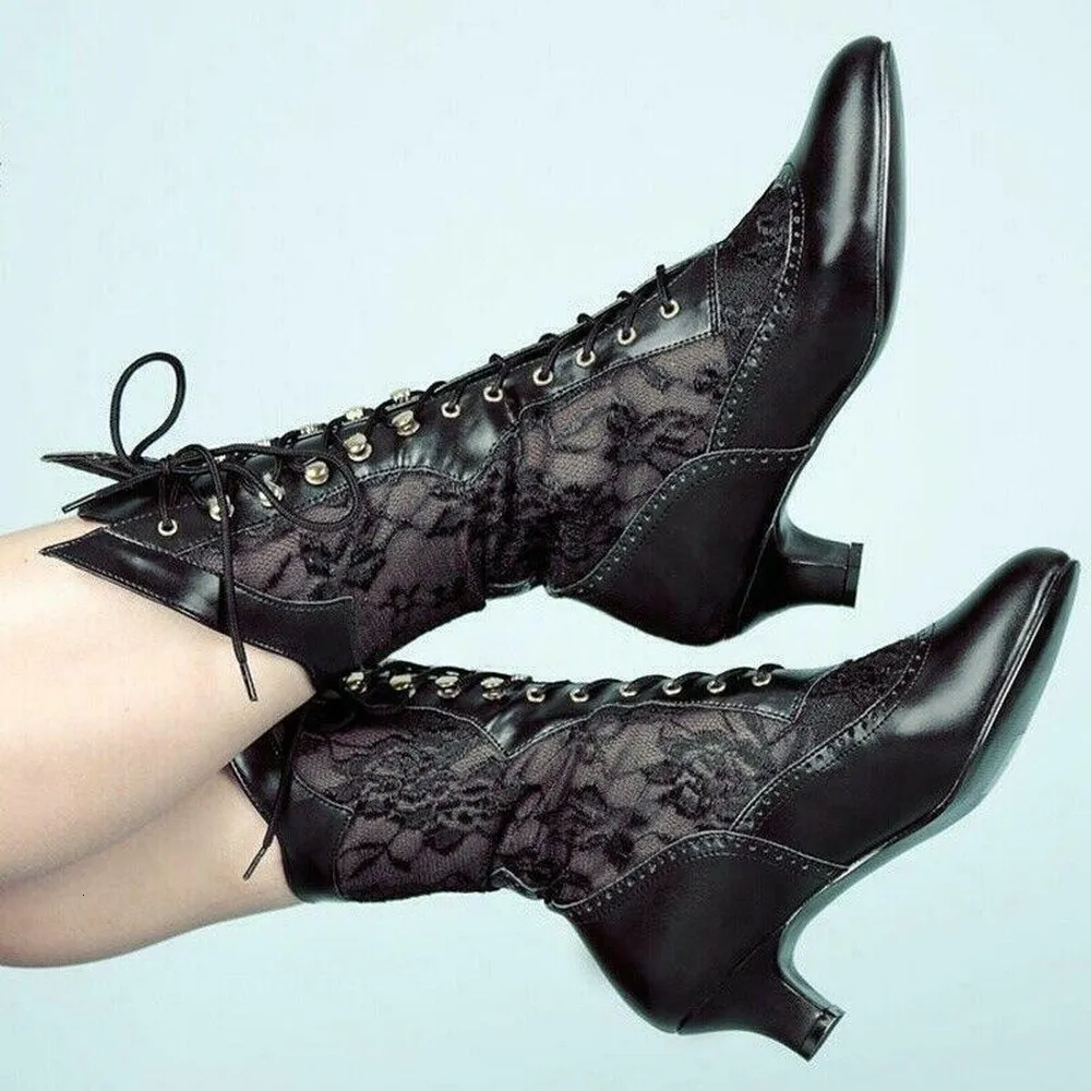 Stövlar US4-11 Kvinnor viktorianska pekade tå Mid-Calf Boots Läder Lace Hollow Out Punk Lace Up Strange High Heel Shoes Plus Sizema1 230919