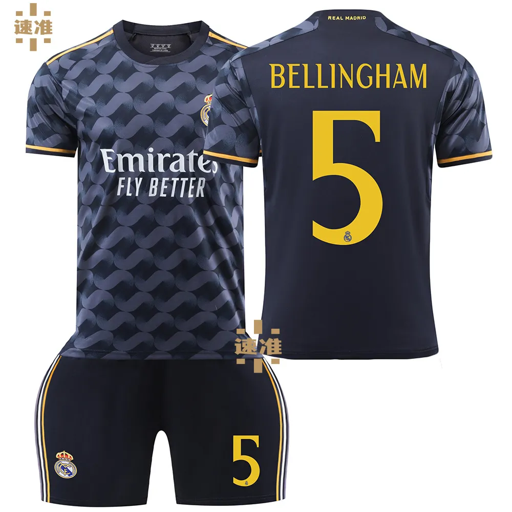 2324 Camiseta de fútbol visitante del Real Madrid 7 Vinicius 5 Bellingham  10 Modric Conjunto de camiseta para niños