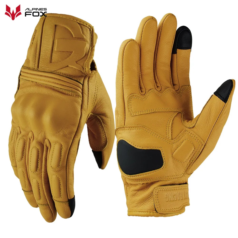 Cinq doigts gants moto gants en cuir rétro jaune doigt complet Guantes moto cyclisme hommes femmes saisons respirant écran tactile 230818