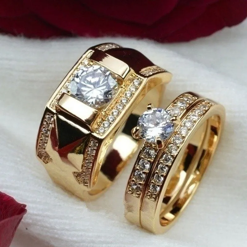 Bröllopsringar 1st lyxkvinnor ring metall snidning guldfärg inlagd zirkonstenar par ring brud engagemang bröllop smycken 230919