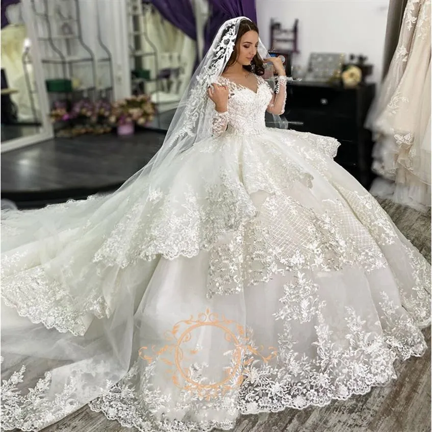 Lindo laço vestido de baile vestidos de casamento princesa com manga longa com decote em v plissado camadas capela trem vestido de noiva vestidos de novia233s